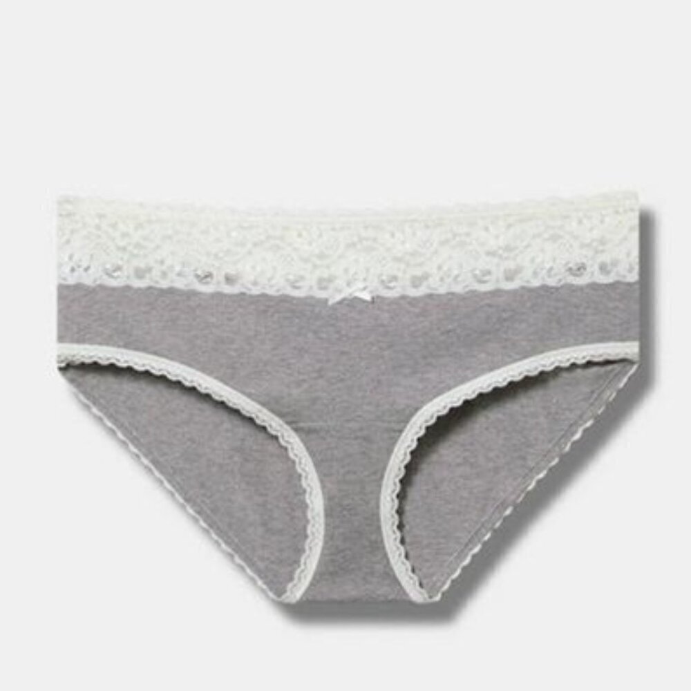 Torrid - Cotton Mid Rise Hipster Lace Trim Panty in Heather Grey & White​​​​​​​